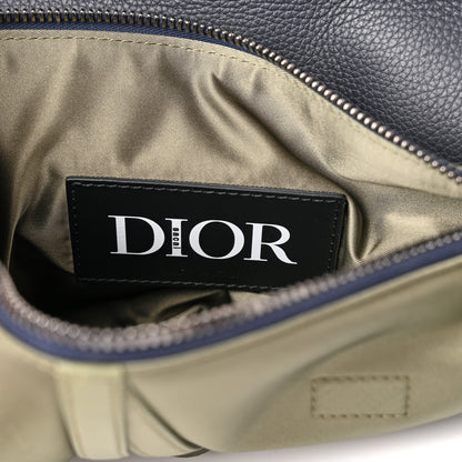 Christian Dior X SACAI Grained Calfskin Technical Fabric Mens Saddle Bag Olive Navy Blue 7 of 10