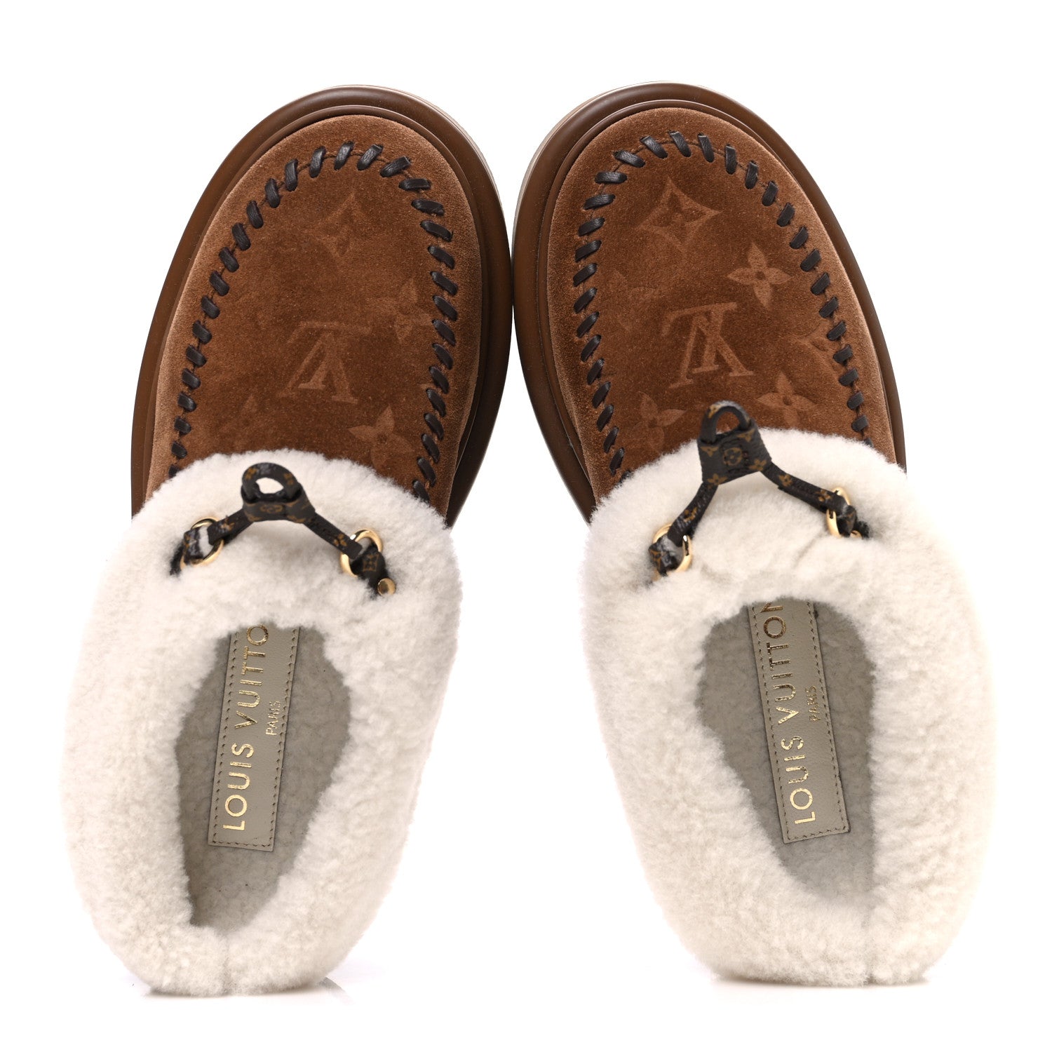 Louis Vuitton Suede Calfskin Shearling Monogram Debossed Cortina Closed Mule 38 Light Beige 2 of 10