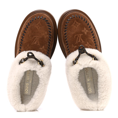 Louis Vuitton Suede Calfskin Shearling Monogram Debossed Cortina Closed Mule 38 Light Beige 2 of 10