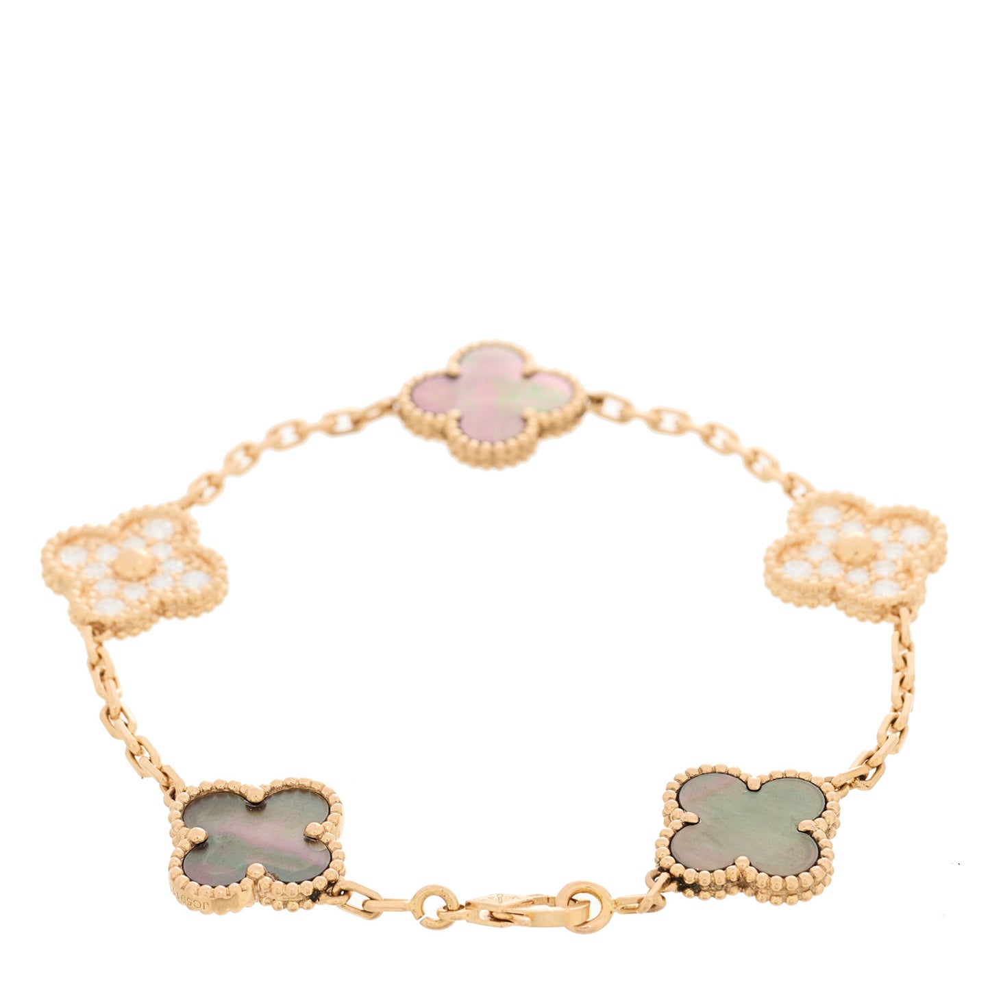 18K Rose Gold Diamond Gray Mother of Pearl 5 Motifs Vintage Alhambra Bracelet