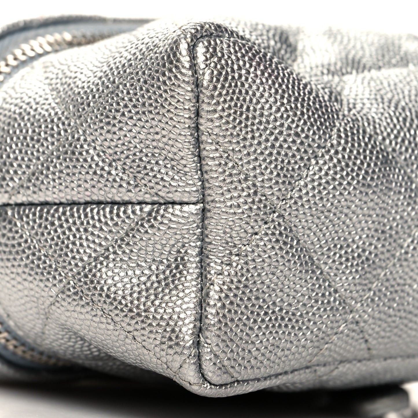 Metallic Caviar Quilted Mini Top Handle Vanity With Chain Silver