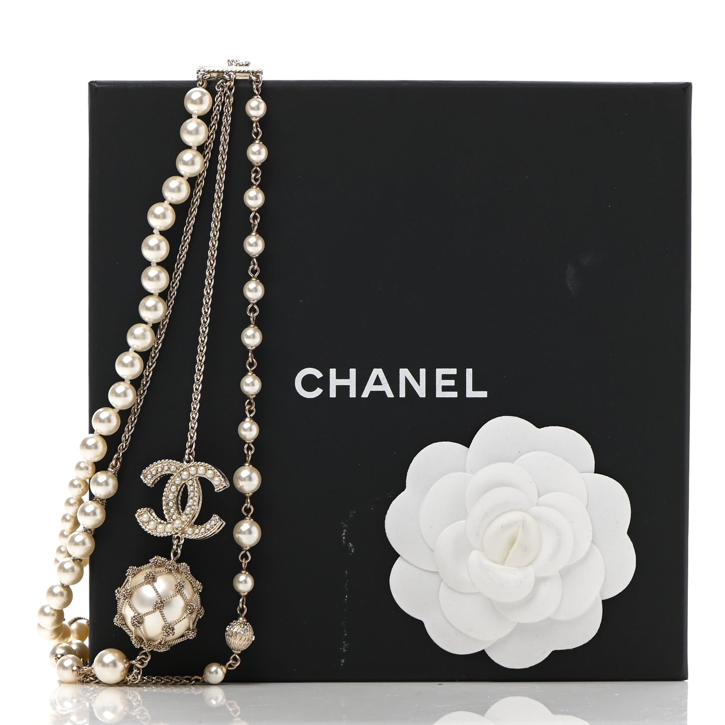 Pearl Chain CC Long Multistrand Necklace Gold