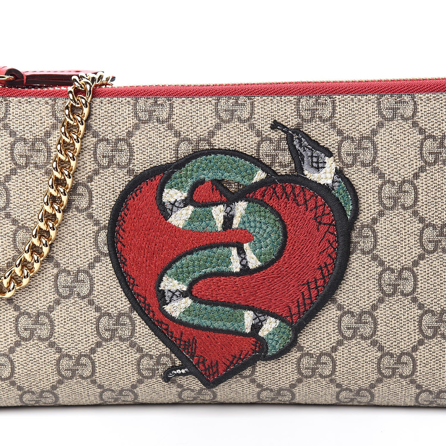 Gucci GG Supreme Monogram Kingsnake Heart Embroidered Chain Wrist Wallet Red 10 of 10