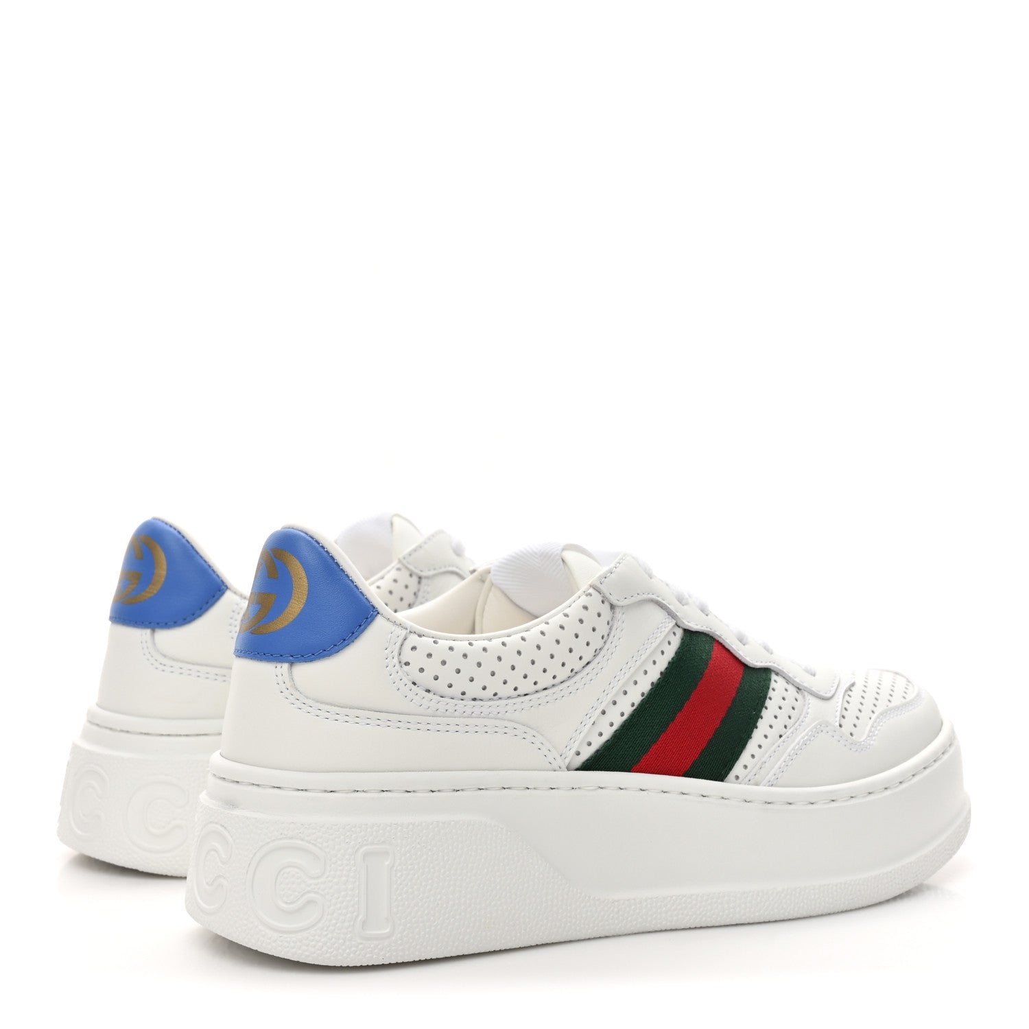 Gucci Calfskin Web Perforated Womens Platform 55mm Sneakers 37.5 White Bright Splash 5 of 10