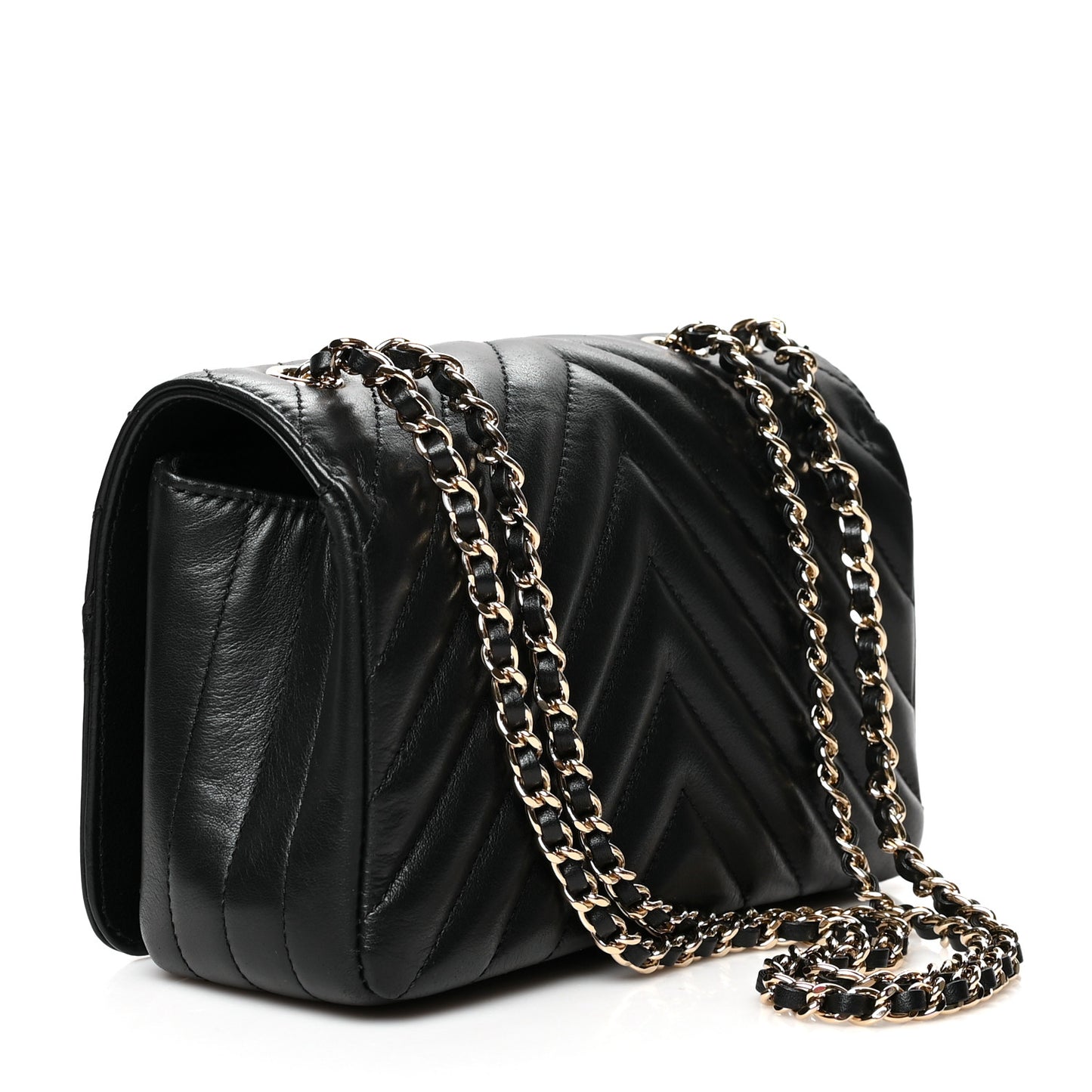 Calfskin Chevron Quilted Mini Statement Flap Black