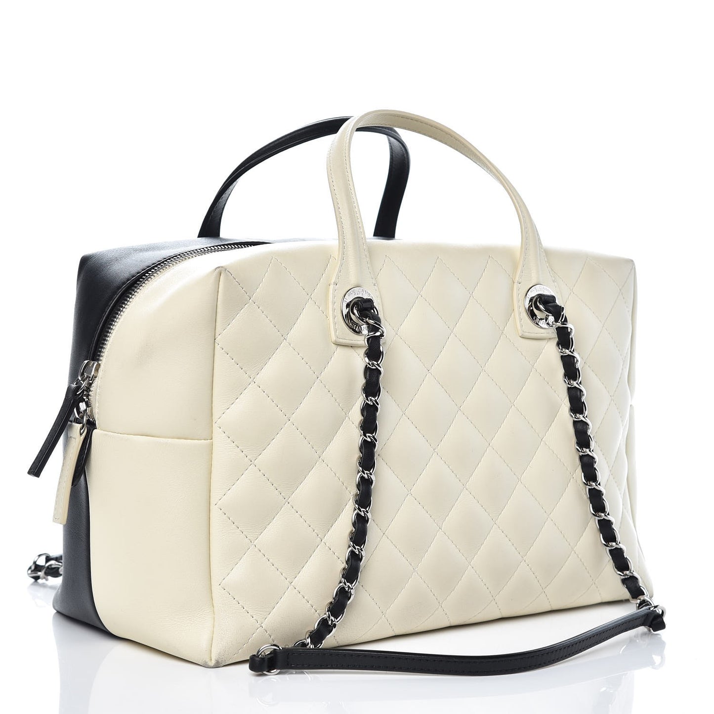 Calfskin Quilted Large Feather Weight Bowling Bag Black Ivory