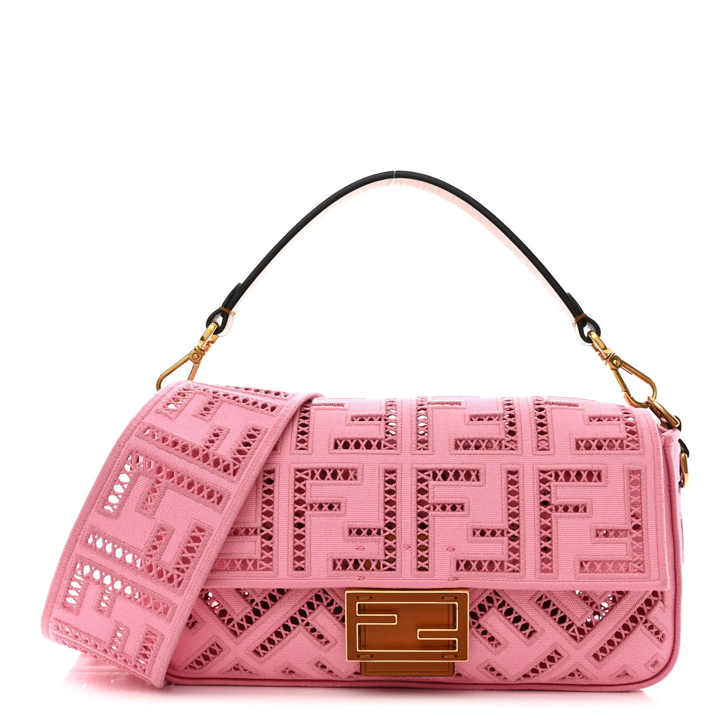 Canvas Cuoio Agata FF Ajour Embroidered Baguette Ciclamino Cuoio