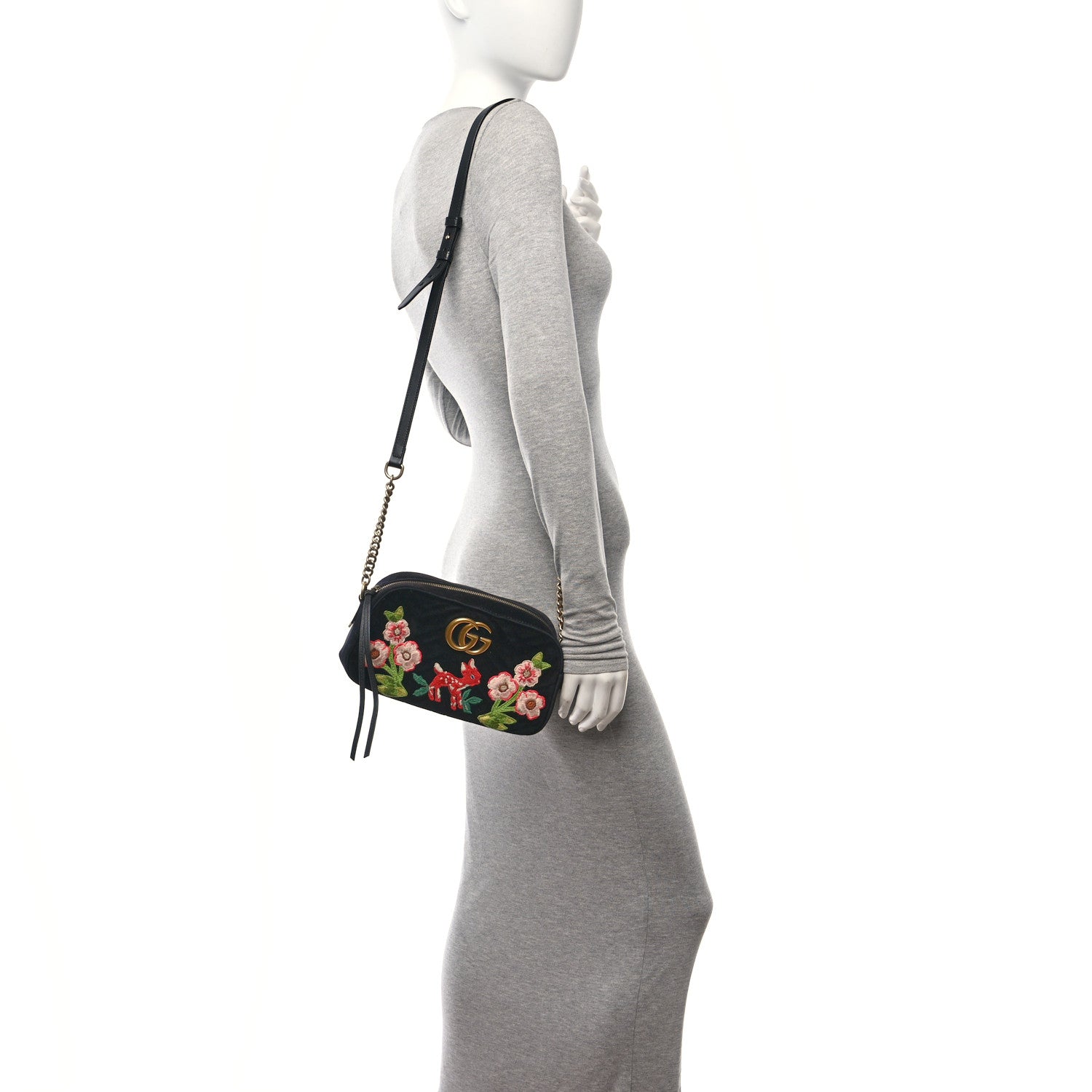 Gucci Velvet Matelasse Deer Embroidered Small GG Marmont Chain Shoulder Bag Black 2 of 10