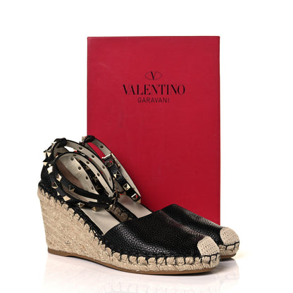 Valentino Garavani Grained Calfskin Rockstud Ankle Wrap Espadrille 15/85mm Wedges 41 Black Light Ivory 11 of 11