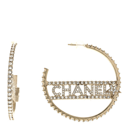 Chanel Crystal Logo Hoop Earrings Gold 1 of 6