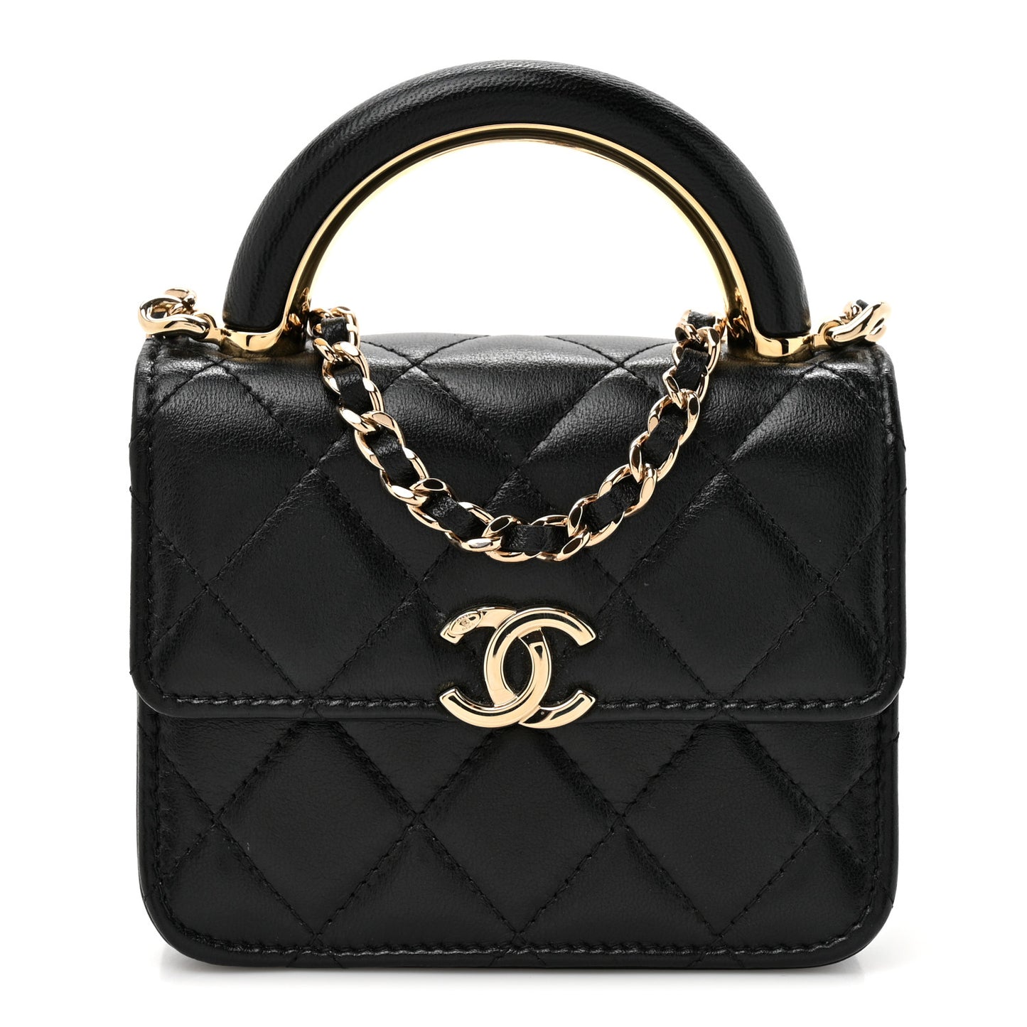 Lambskin Metal Quilted Top Handle Flap Clutch With Chain Black
