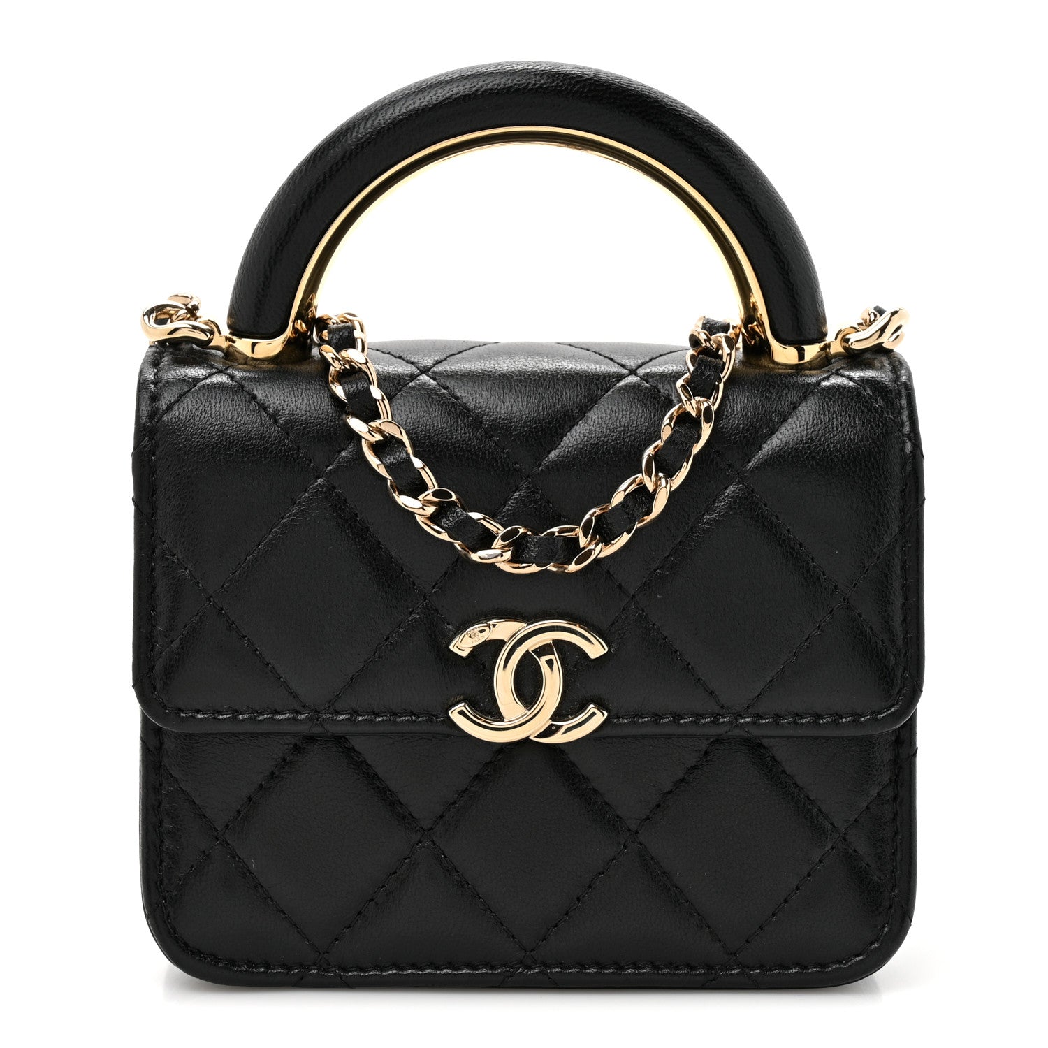 Chanel Lambskin Metal Quilted Top Handle Flap Clutch With Chain Black 1 of 11