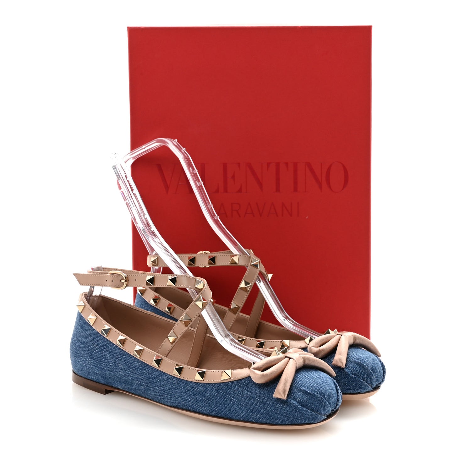 Denim Rockstud Bow Ankle Strap Ballerina Flats 37.5 Blue Rose Cannelle