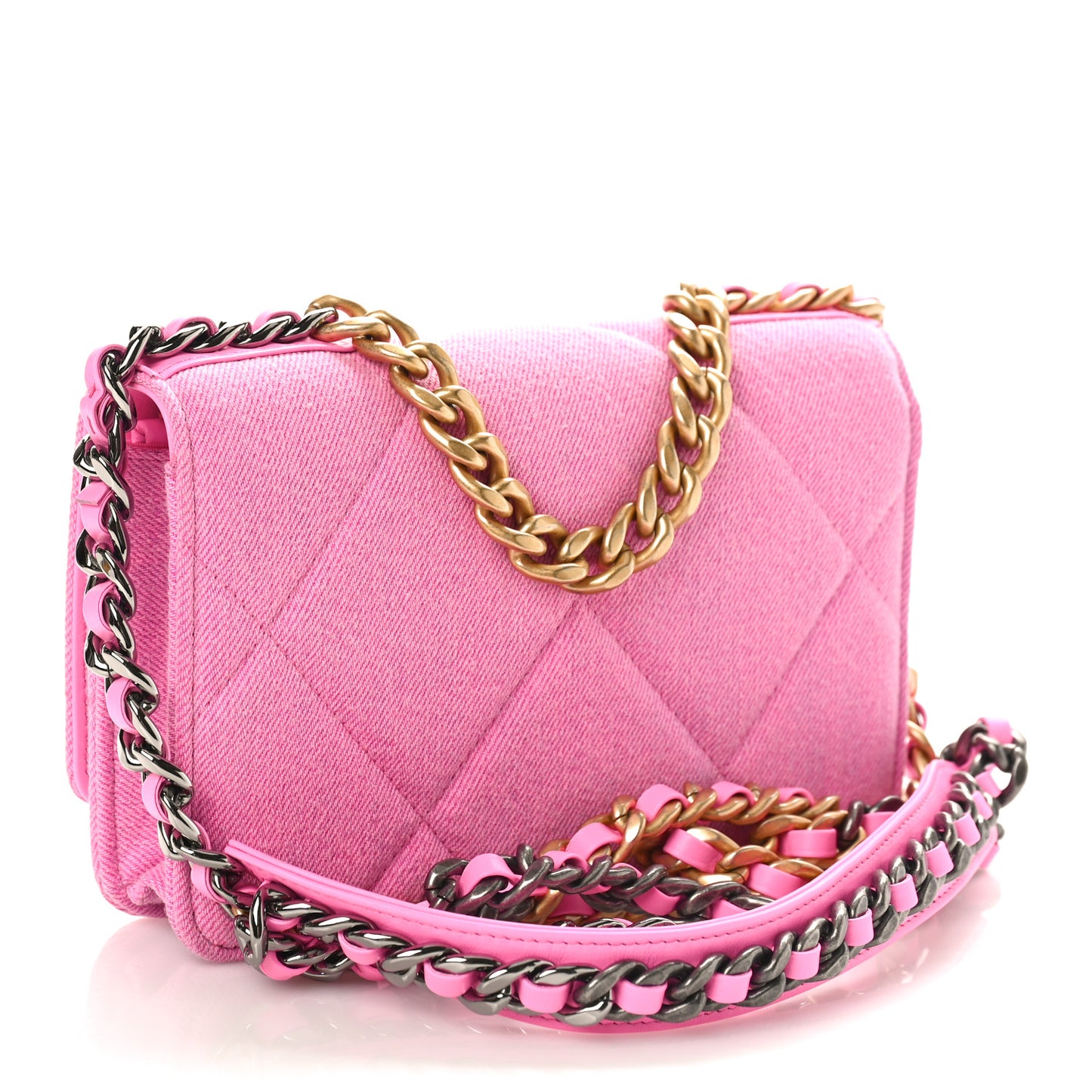 Denim Quilted Chanel 19 Wallet On Chain WOC Neon Pink