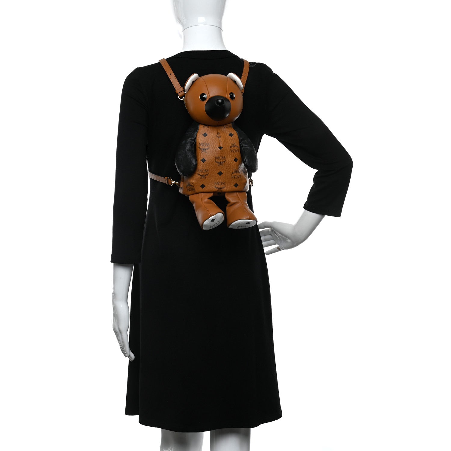 MCM Calfskin Visetos Bear Zoo Doll Backpack Cognac Black 2 of 9