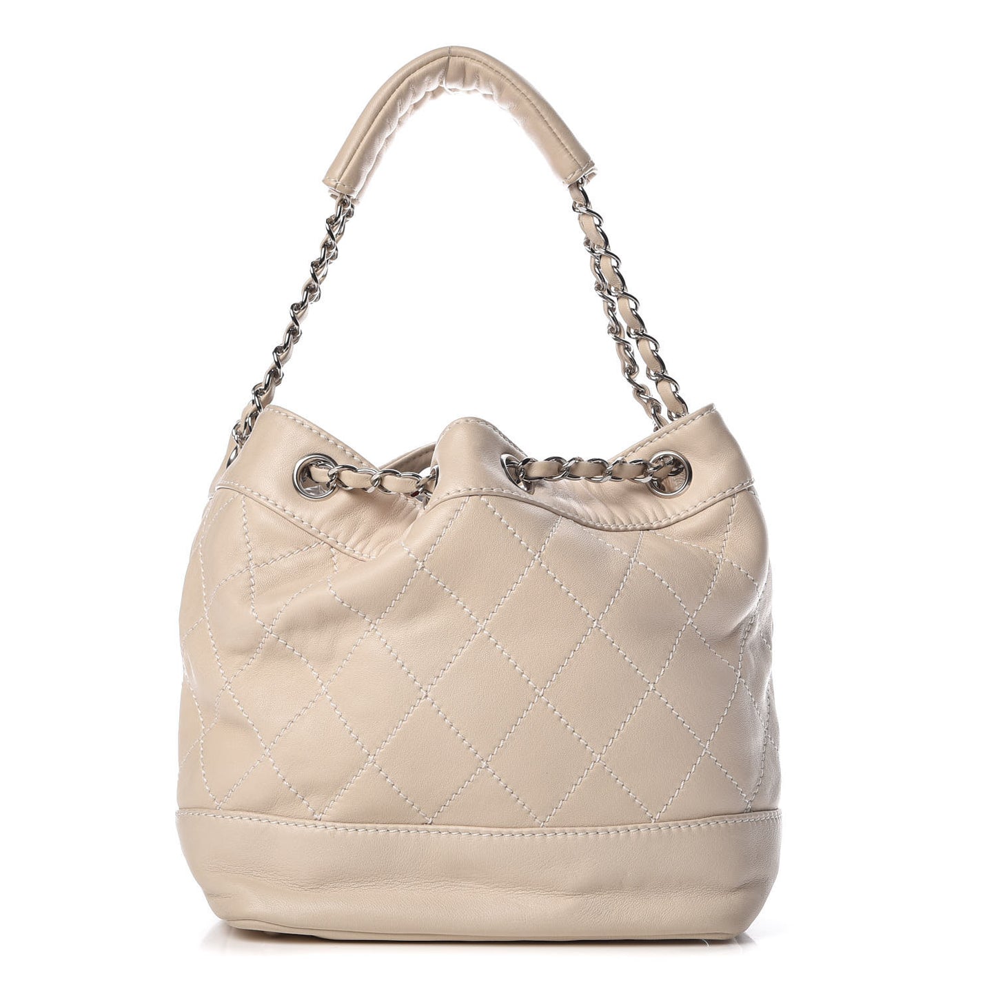 Lambskin Contrast Stitch Small Drawstring Tote Ivory
