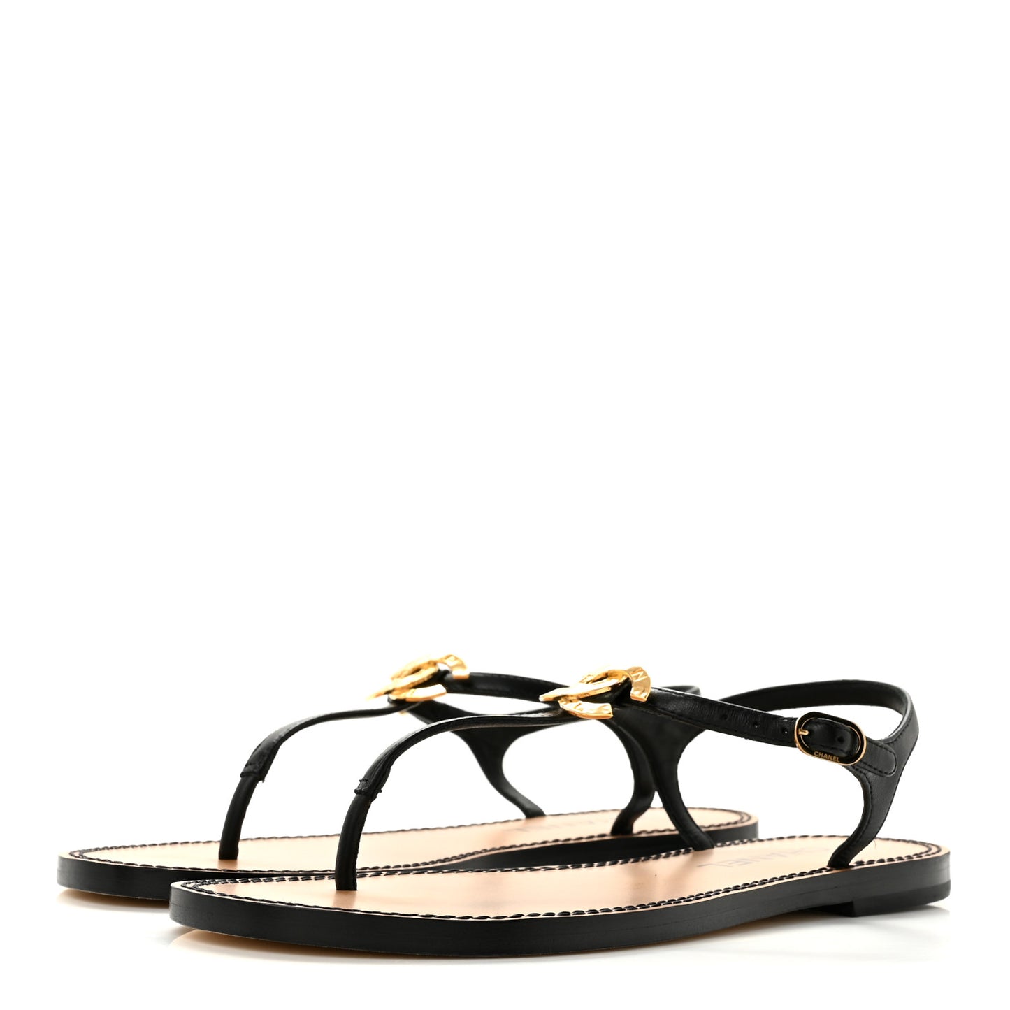 Lambskin CC Thong Sandals 38.5 Black Gold