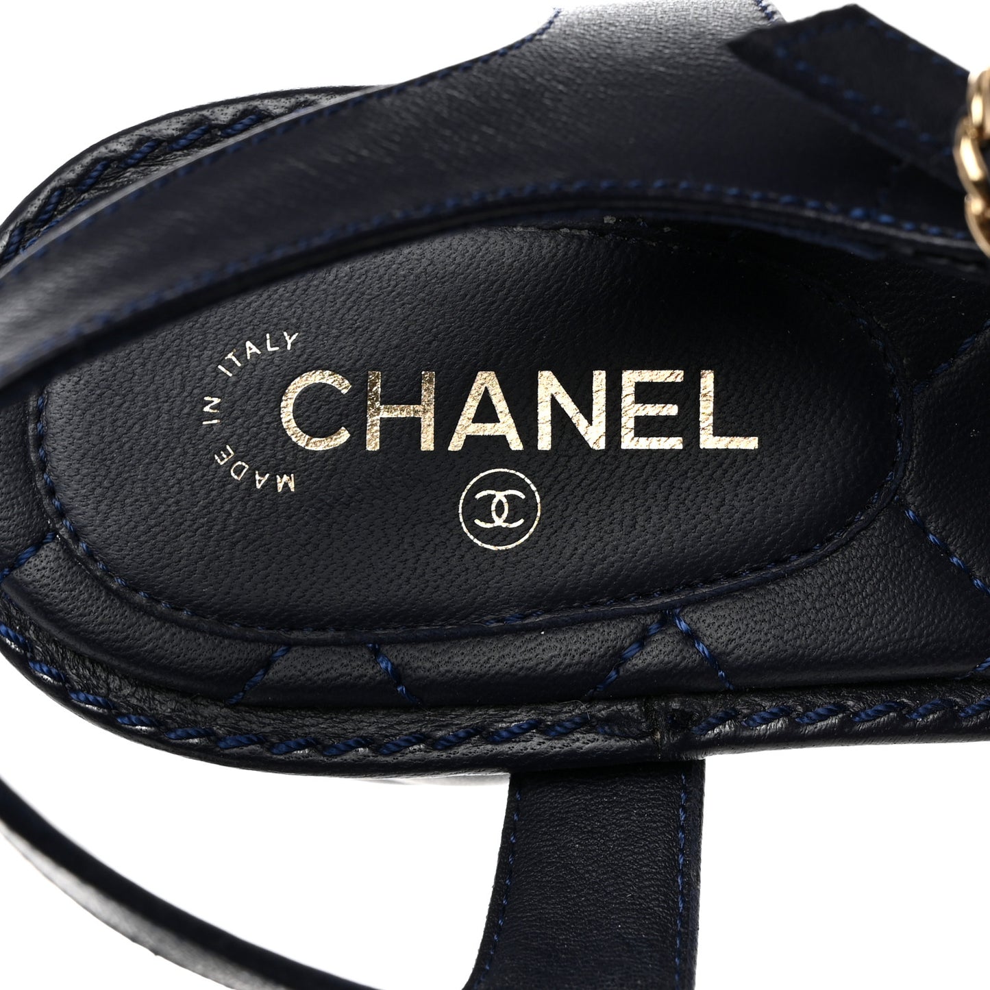 Lambskin Chain CC Logo Thong Sandals 39.5 Navy