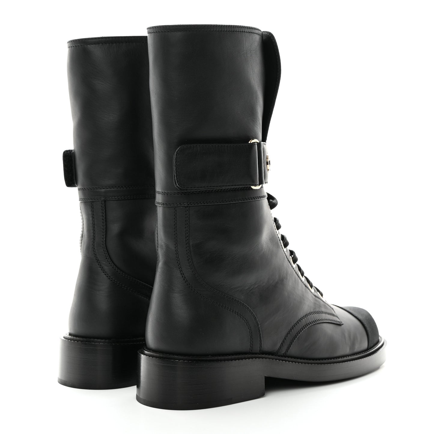 Shiny Calfskin Lace Up Combat Boots 37.5 Black