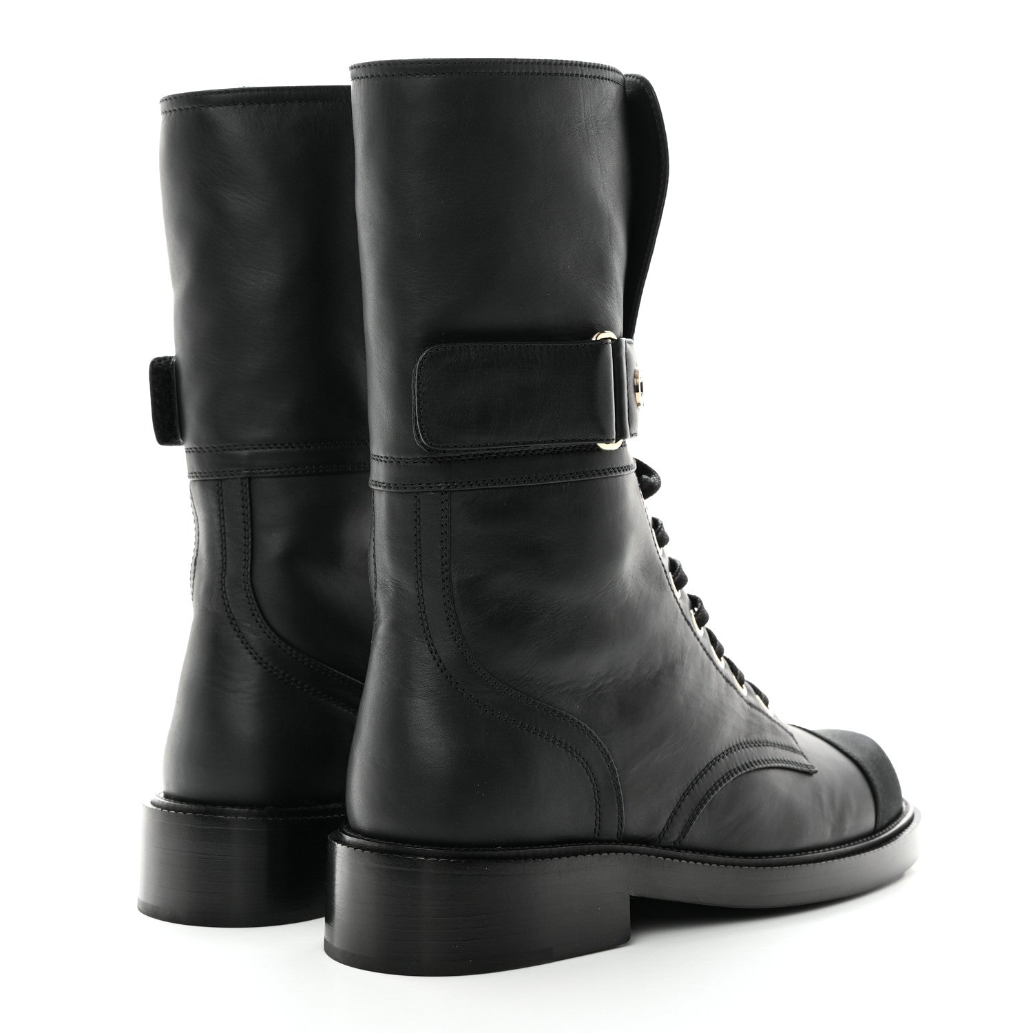 Chanel Shiny Calfskin Lace Up Combat Boots 37.5 Black 4 of 10