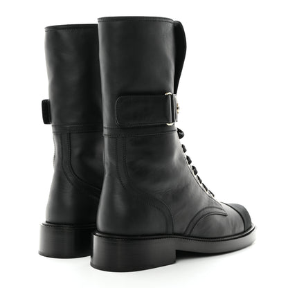 Chanel Shiny Calfskin Lace Up Combat Boots 37.5 Black 4 of 10