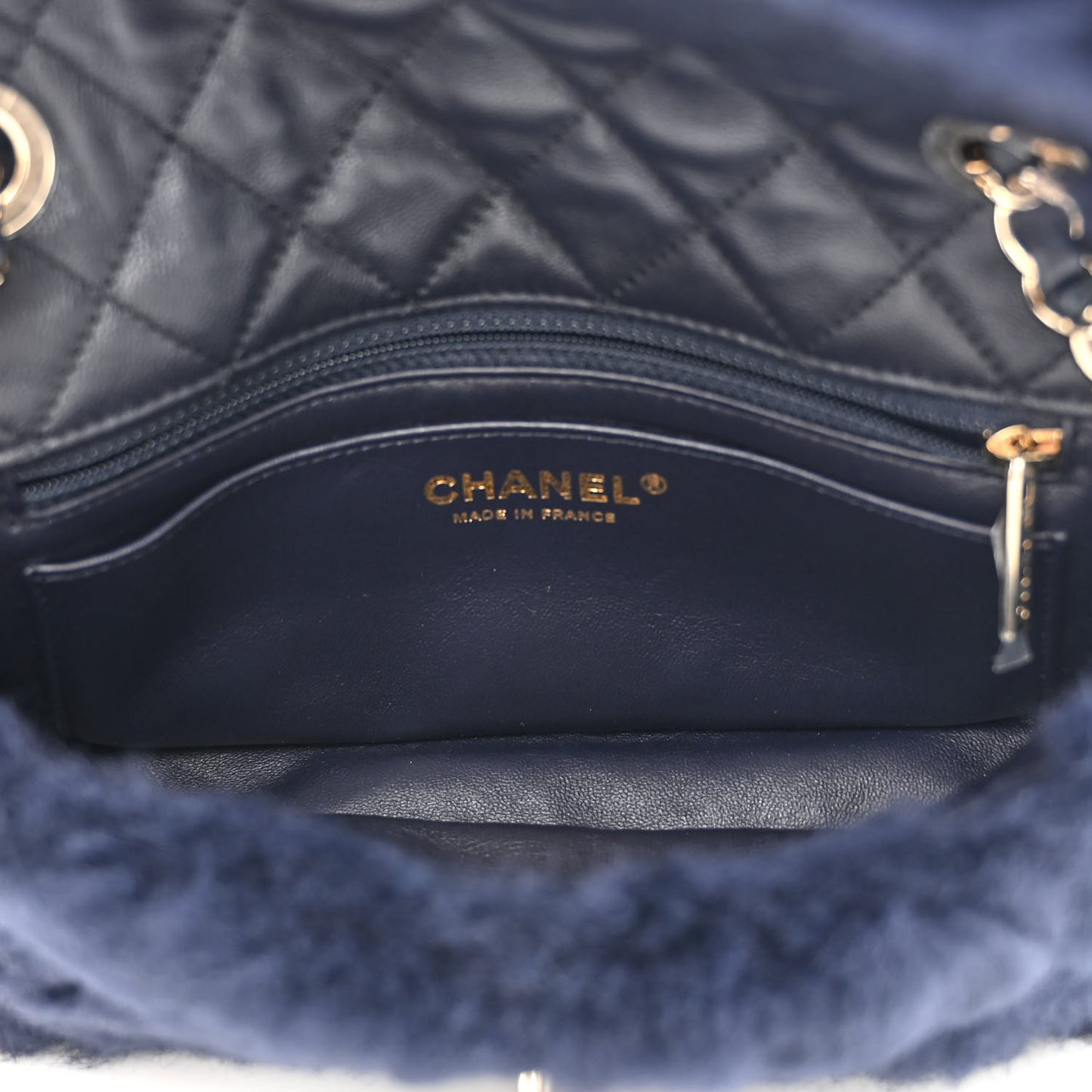 Shearling Lambskin Quilted Flap Navy Blue