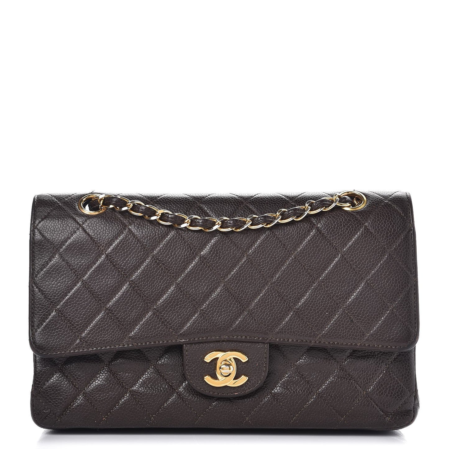 Caviar Quilted Medium Double Flap Brown