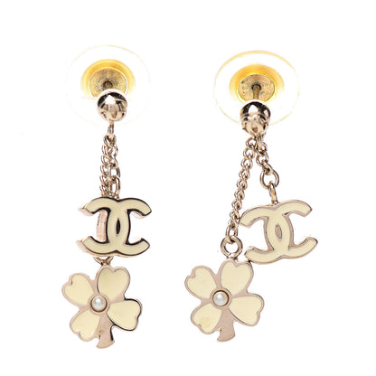 Chanel Enamel Pearl Clover CC Drop Earrings Gold 1 of 2