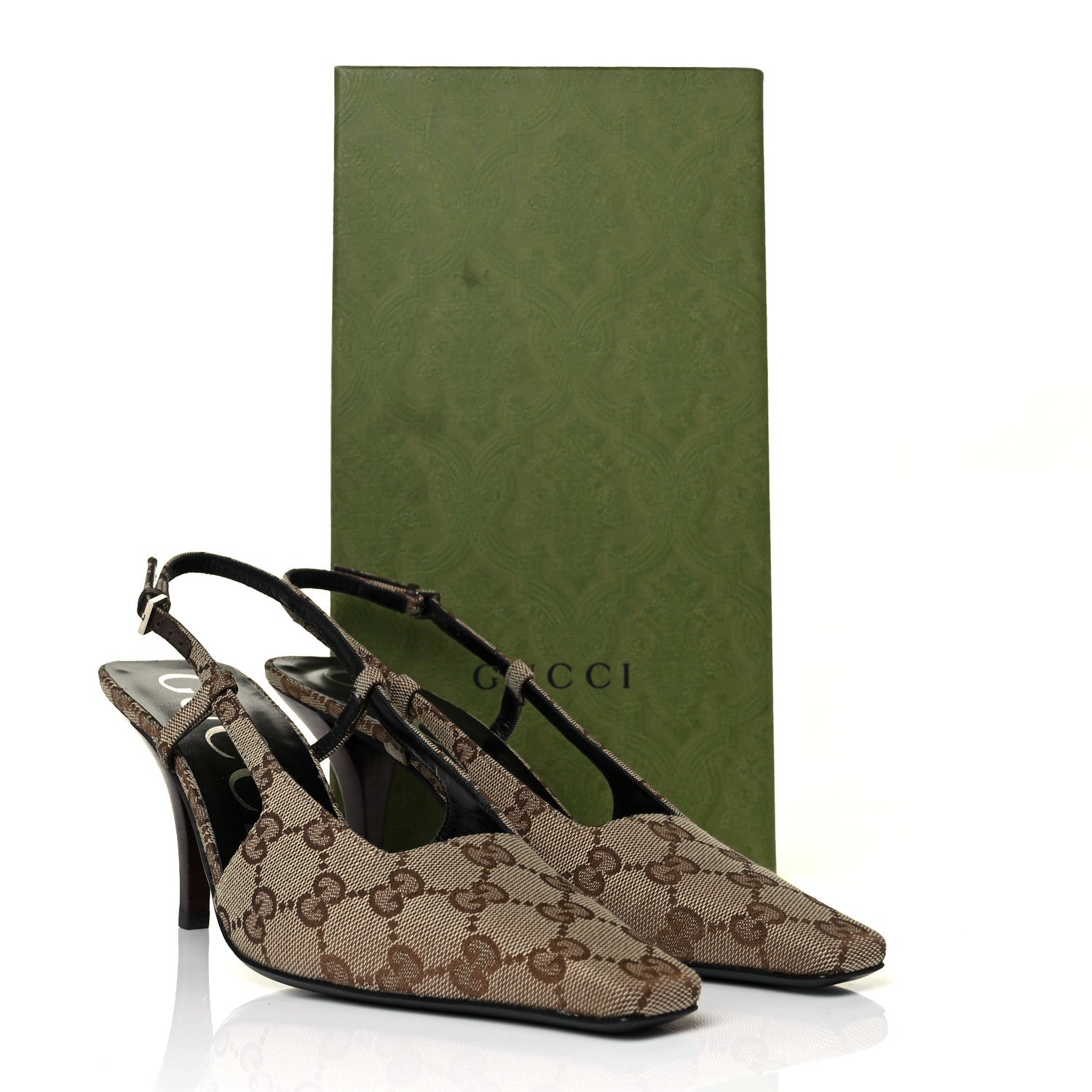 Gucci Monogram Malga Kid Square G 75mm Slingback Pumps 38 Beige Ebony New Acero 9 of 9