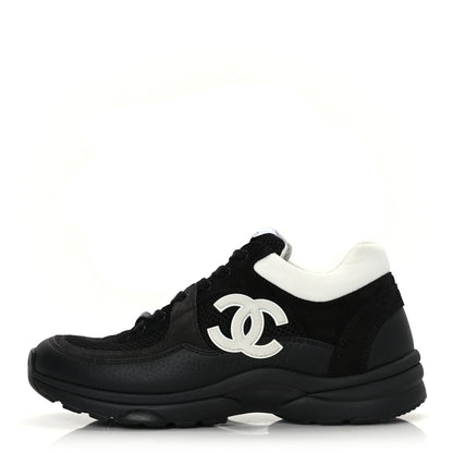 Chanel Mesh Suede Grained Calfskin Womens CC Sneakers 38 Black White 1 of 7