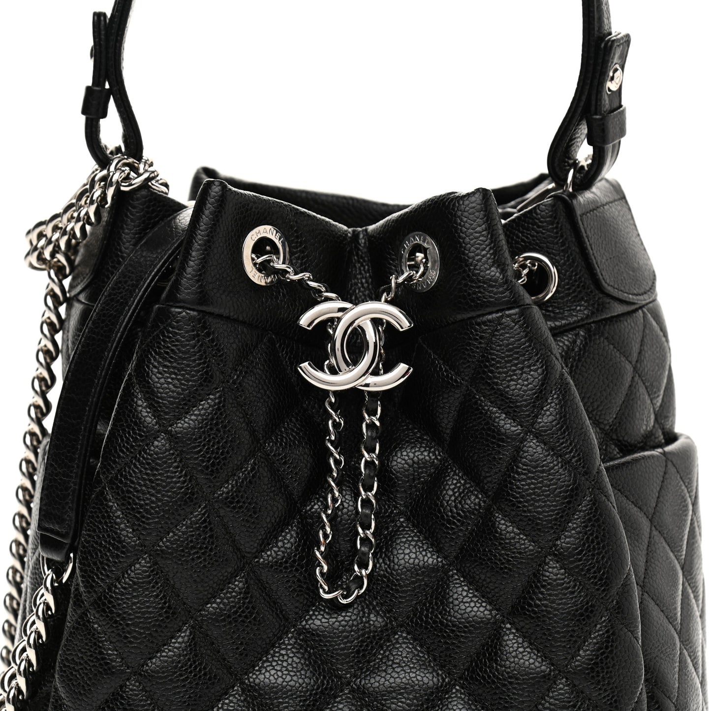 Caviar Quilted CC Chain Bucket Drawstring Bag Black