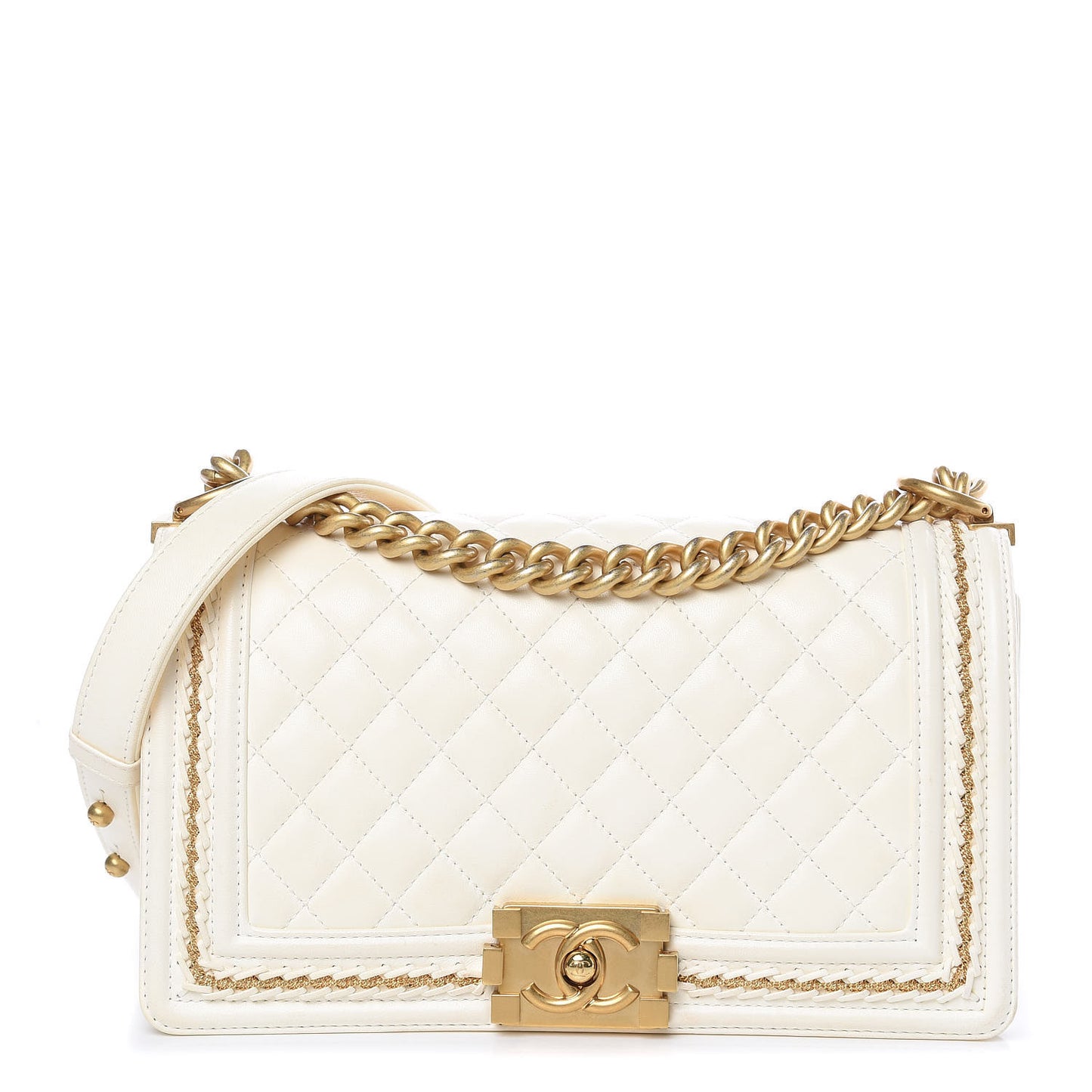 Lambskin Quilted Medium Chain Detail Boy Flap White