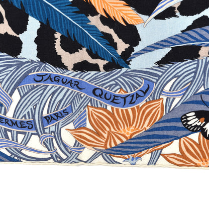 Hermes Cashmere Silk Jaguar Quetzal Shawl 140 Bleu Jean Abricot Gris 2 of 5