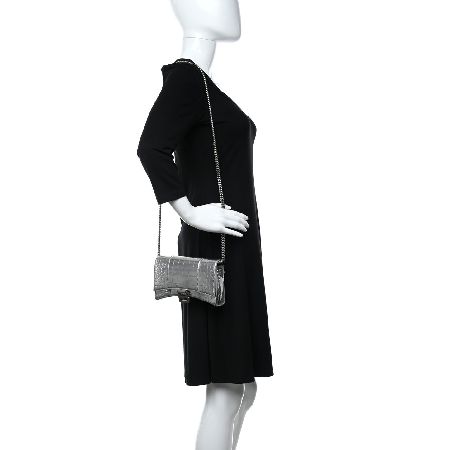 Metallic Calfskin Crocodile Embossed Hourglass Chain Bag Silver