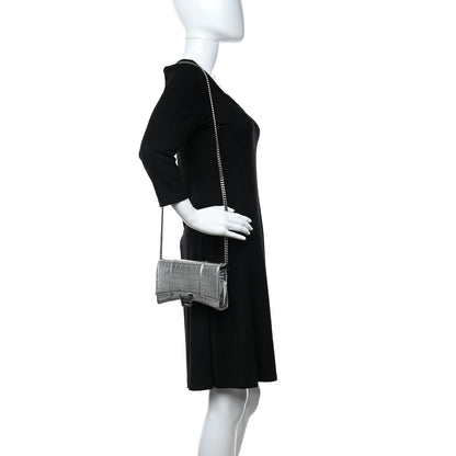 Balenciaga Metallic Calfskin Crocodile Embossed Hourglass Chain Bag Silver 2 of 8