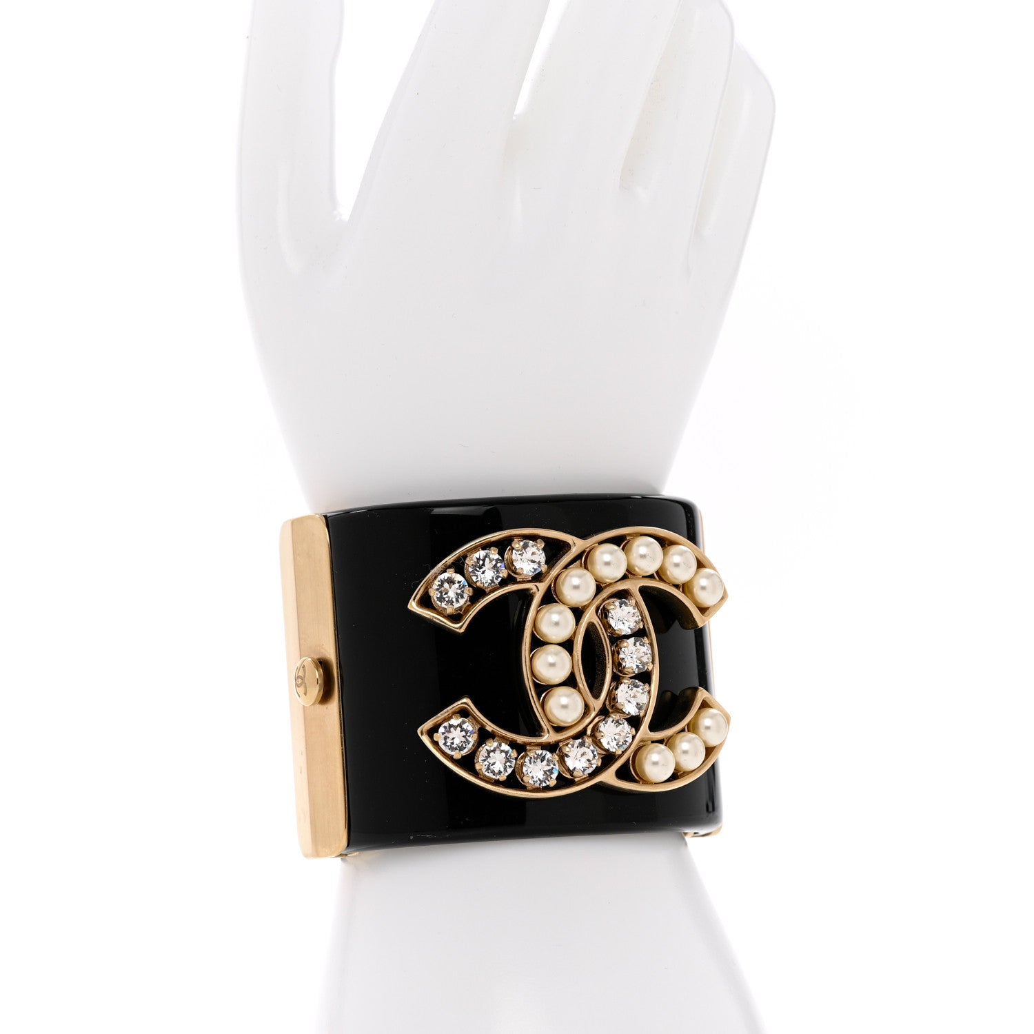 Chanel Resin Crystal Pearl CC Cuff Black 2 of 8