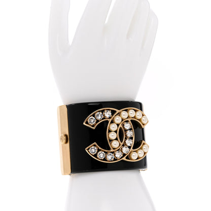 Chanel Resin Crystal Pearl CC Cuff Black 2 of 8