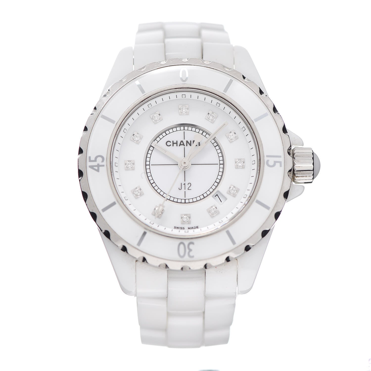 Chanel Stainless Steel Ceramic Diamond 33mm J12 Quartz Watch White 1 of 6