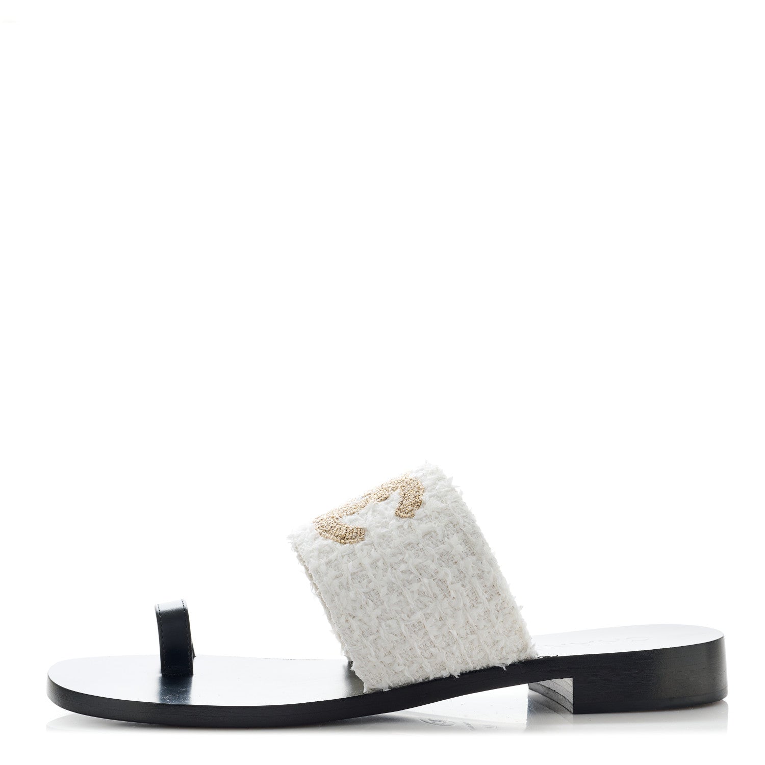 Chanel Cotton Tweed Fabric Lambskin CC Thong Sandal 41 White Gold Black 1 of 10