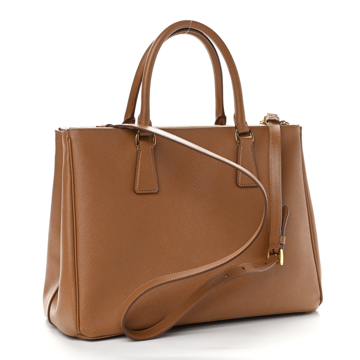 Saffiano Lux Medium Double Zip Tote Caramel