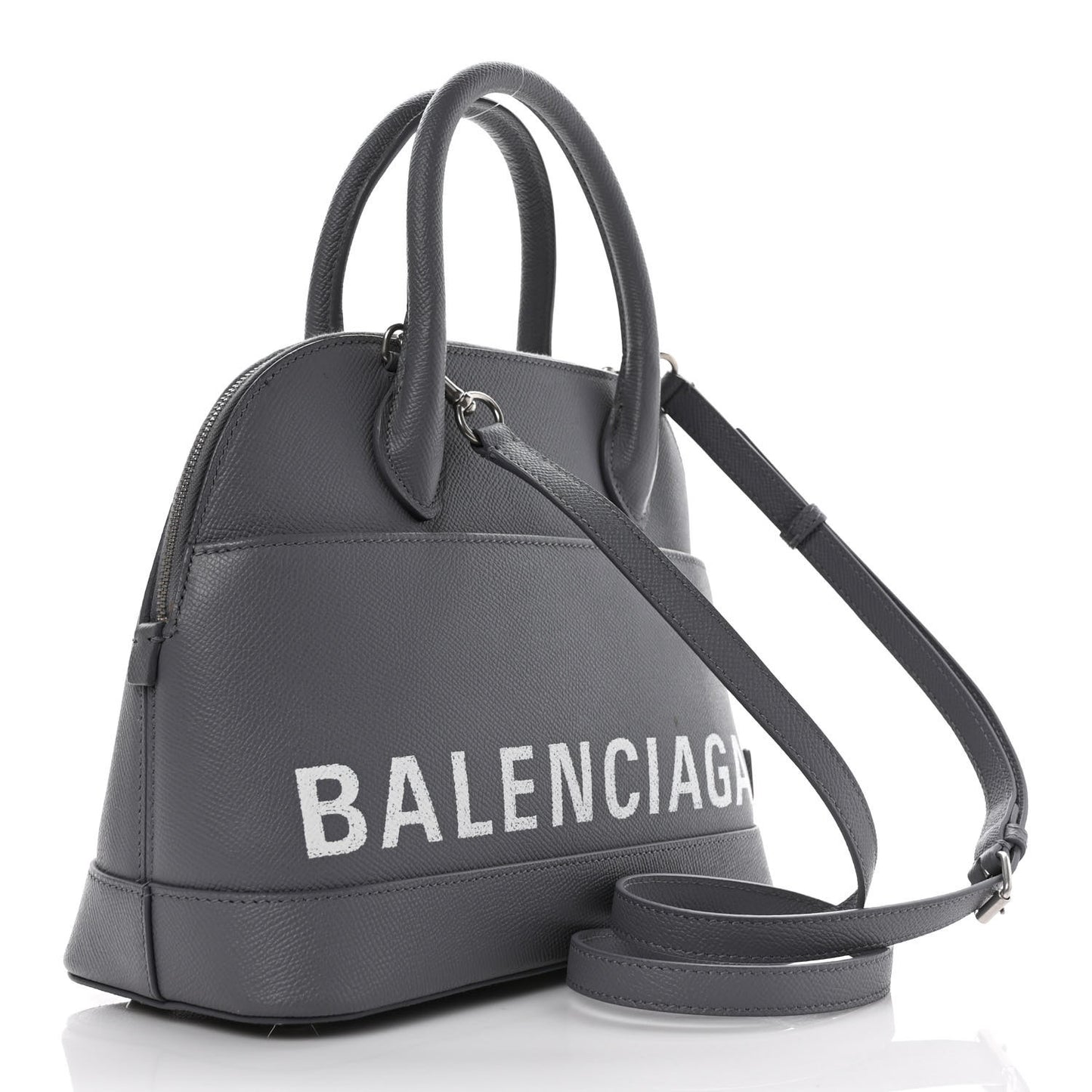 Signature Grained Calfskin Logo S Ville Top Handle Bag Gris Perle Fonce White