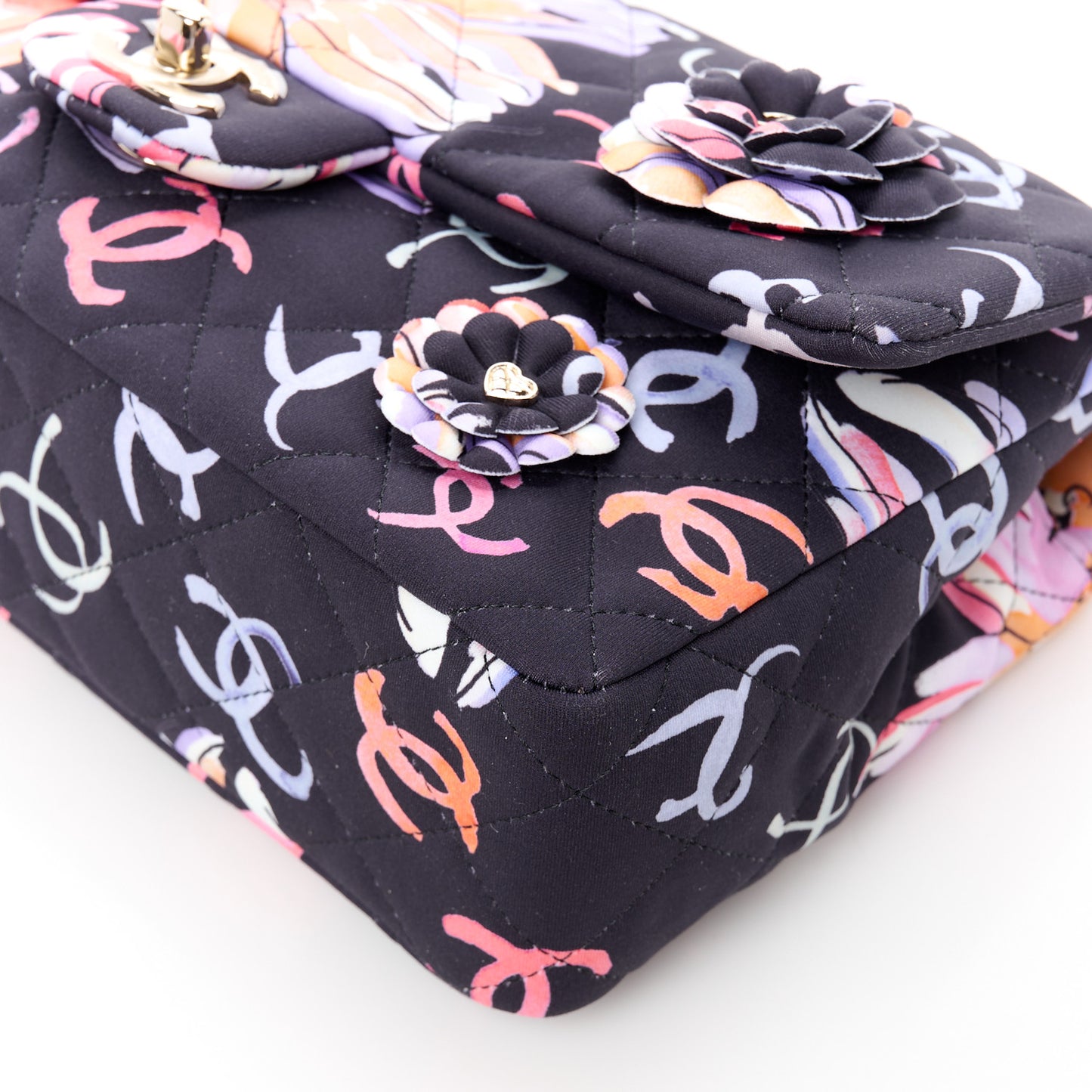 Printed Fabric Quilted Camellia Flap Black Multicolor