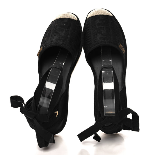 Canvas FF Embroidered Roma Ankle Wrap Flat Espadrilles 40 Black