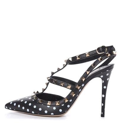Valentino Garavani Calfskin Polka Dot Rockstud Ankle Strap 100mm Pumps 39 Black White 1 of 7