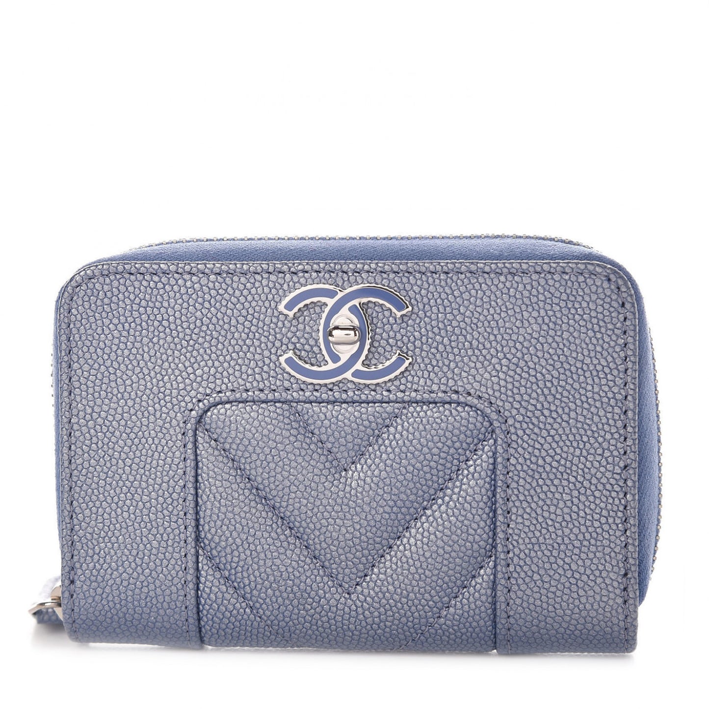 Metallic Caviar Chevron Quilted Vintage Mademoiselle Zip Coin Purse Light Blue