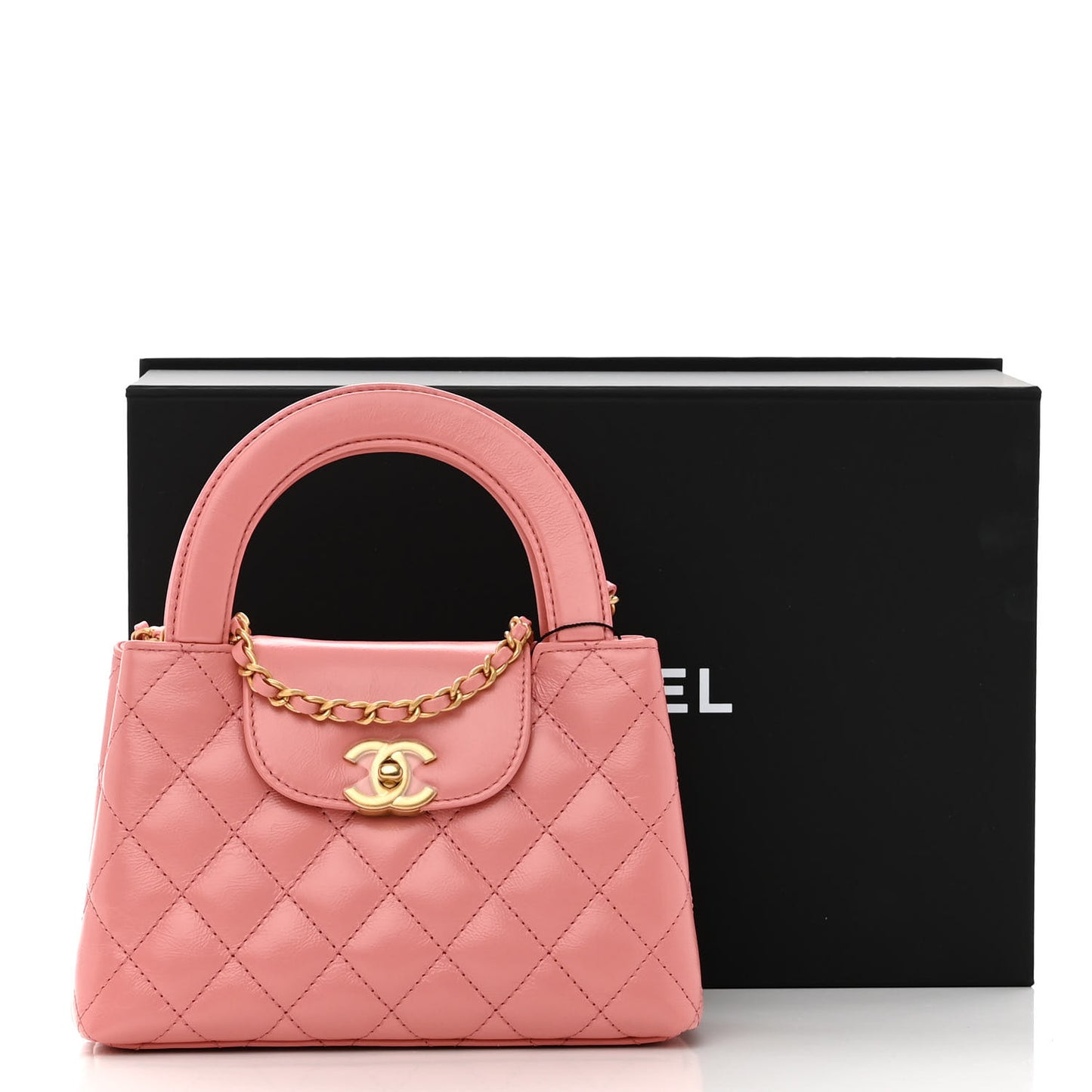 Shiny Aged Calfskin Quilted Nano Kelly Shopper Coral Pink
