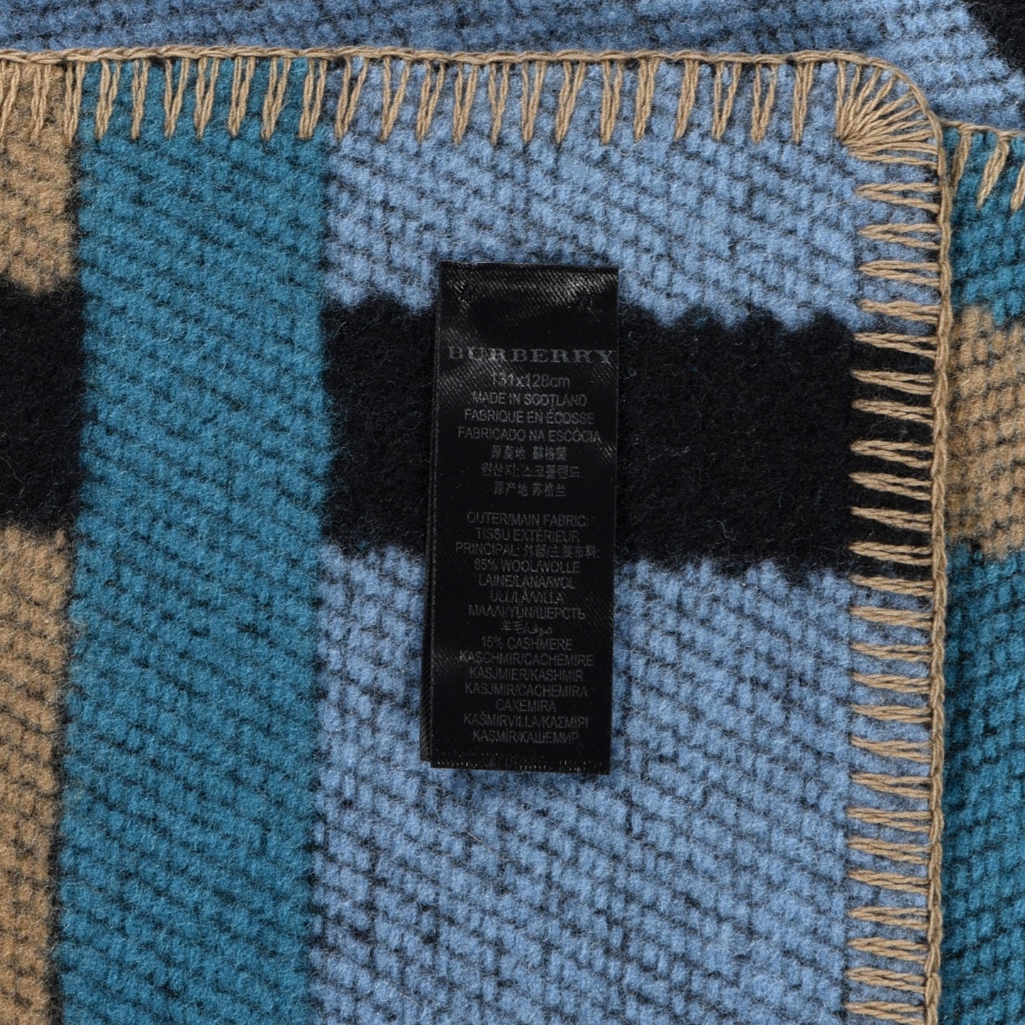 Cashmere Wool Mega Check Cape Scarf Blue