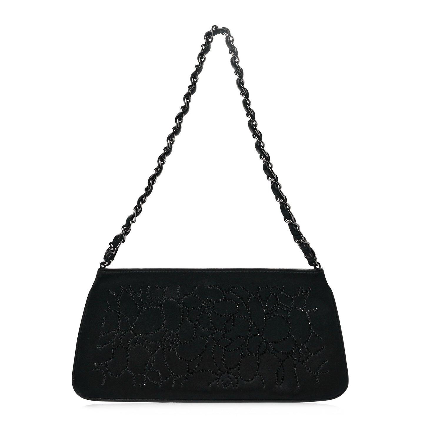 Satin Crystal Camellia Evening Bag Black