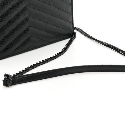 Saint Laurent Grain De Poudre Matelasse Chevron Monogram Monochrome Envelope Chain Wallet Black 13 of 13