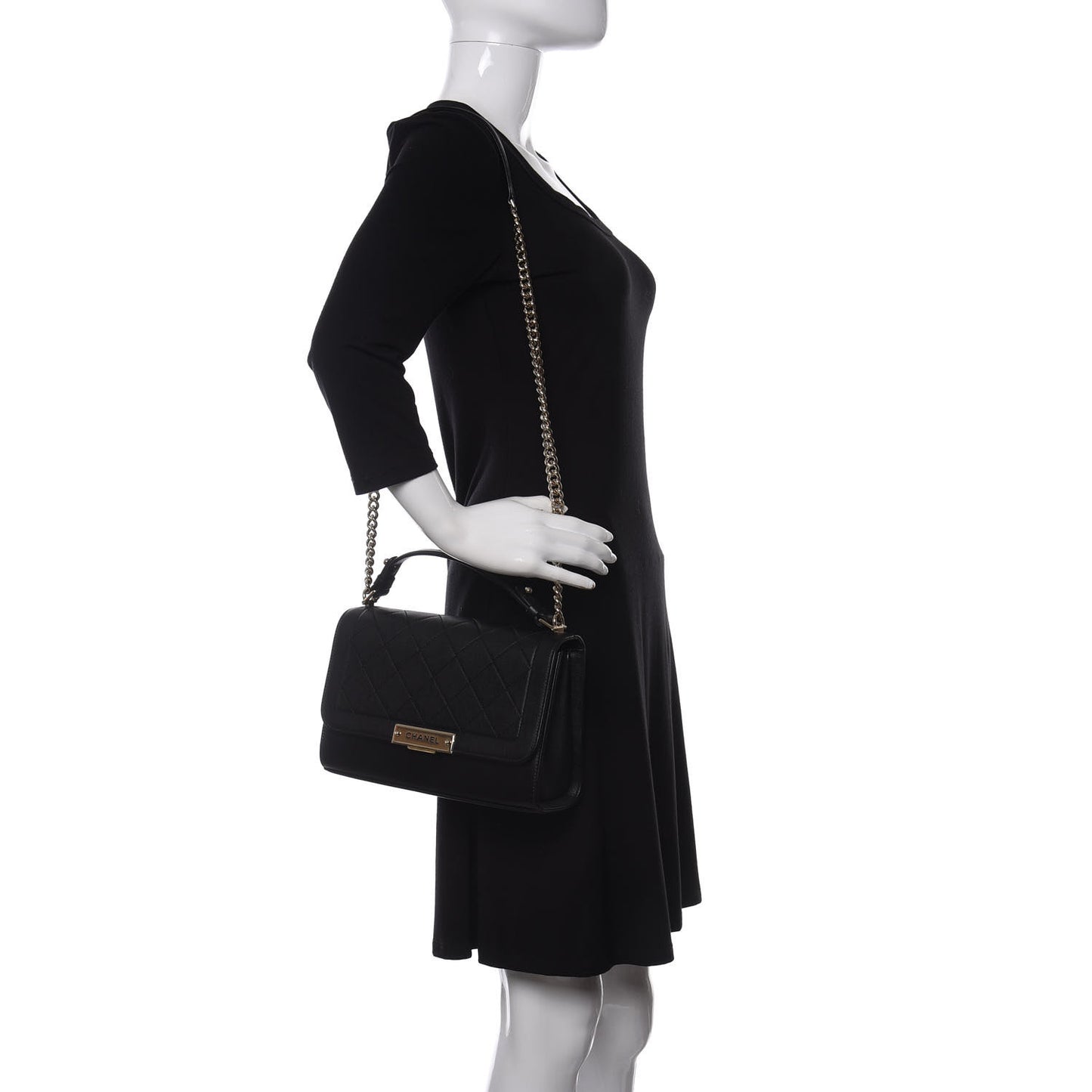 Grained Calfskin Quilted Medium Label Click Flap Bag Black